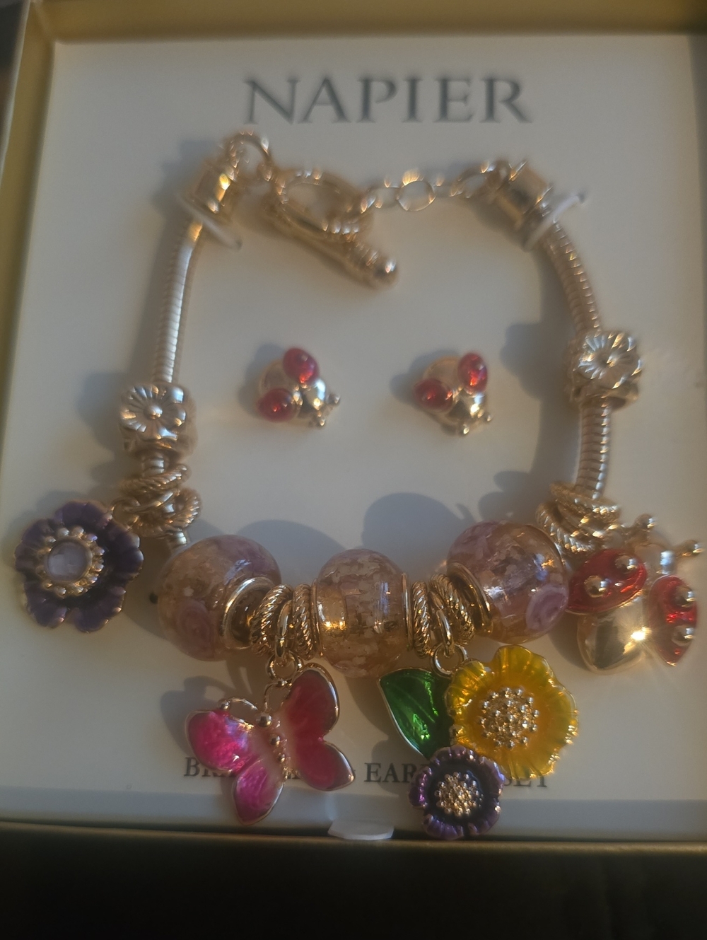 Napier Gold-Tone Floral & Butterfly Charm Bracelet in Multicolor NIB